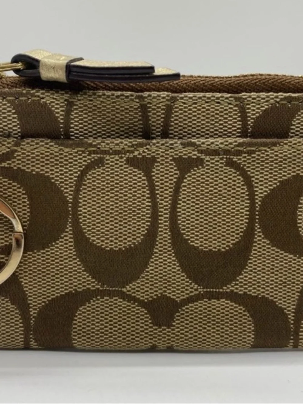 Coach Brown Signature Canvas Card Holder with Gold Leather